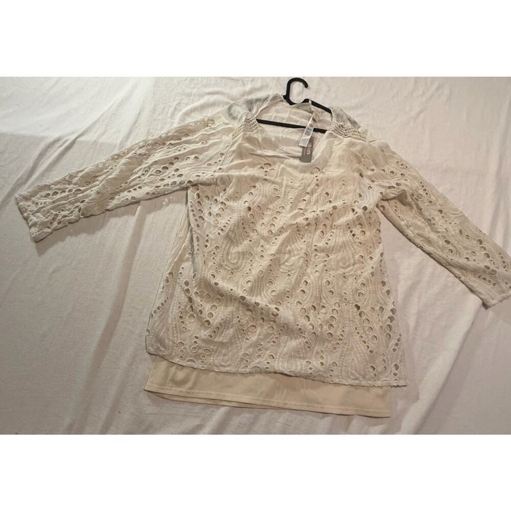 Chico's Eyelet Mix Tunic Round Neck Long Sleeve Cottage White Size 3
